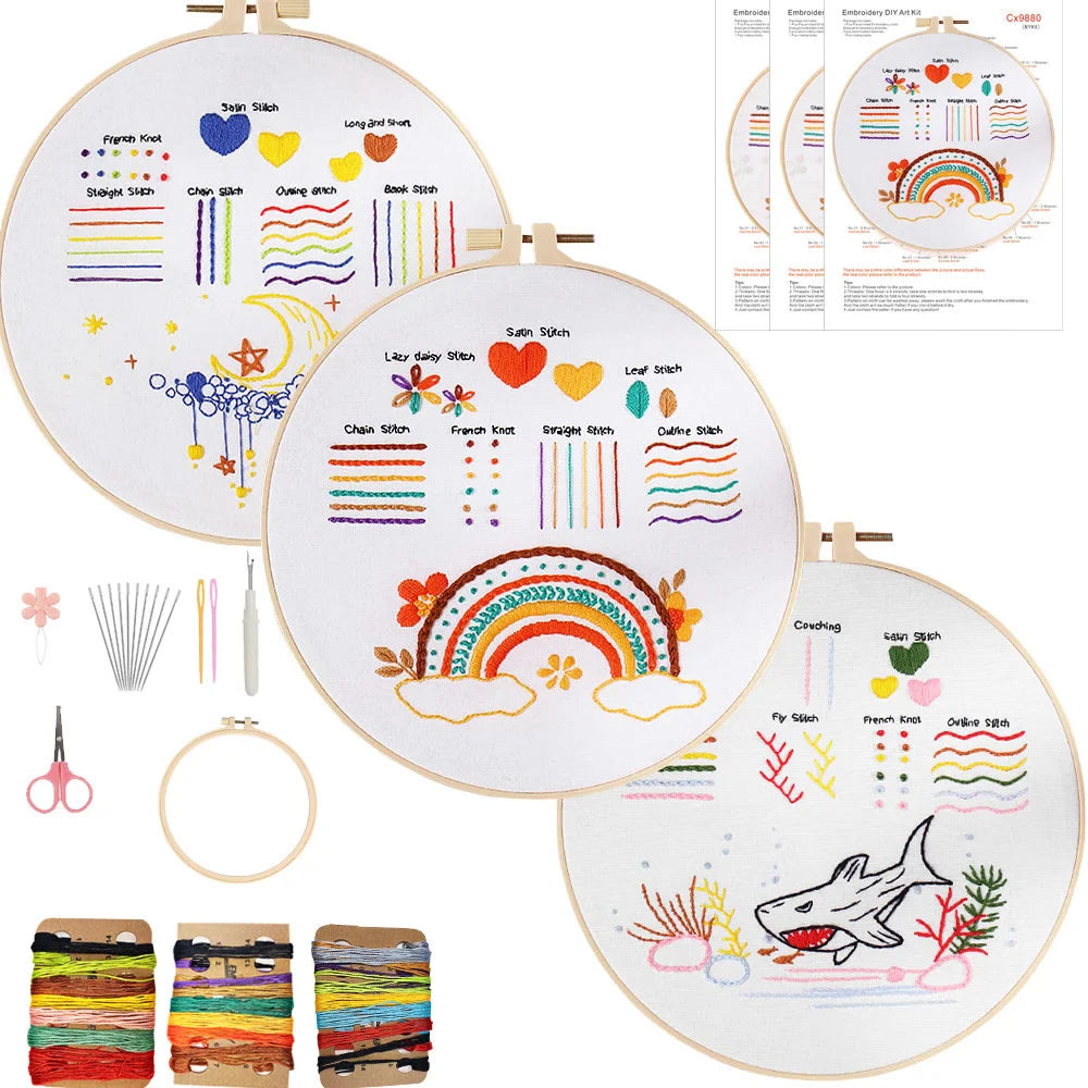 Rubbyoo 3-piece Embroidery Starter Kit - Adorable Animal Pattern | Beginner Stitch Craft | Gifts For Needlework Starter - Rainbow + Shark + Moon - image 8