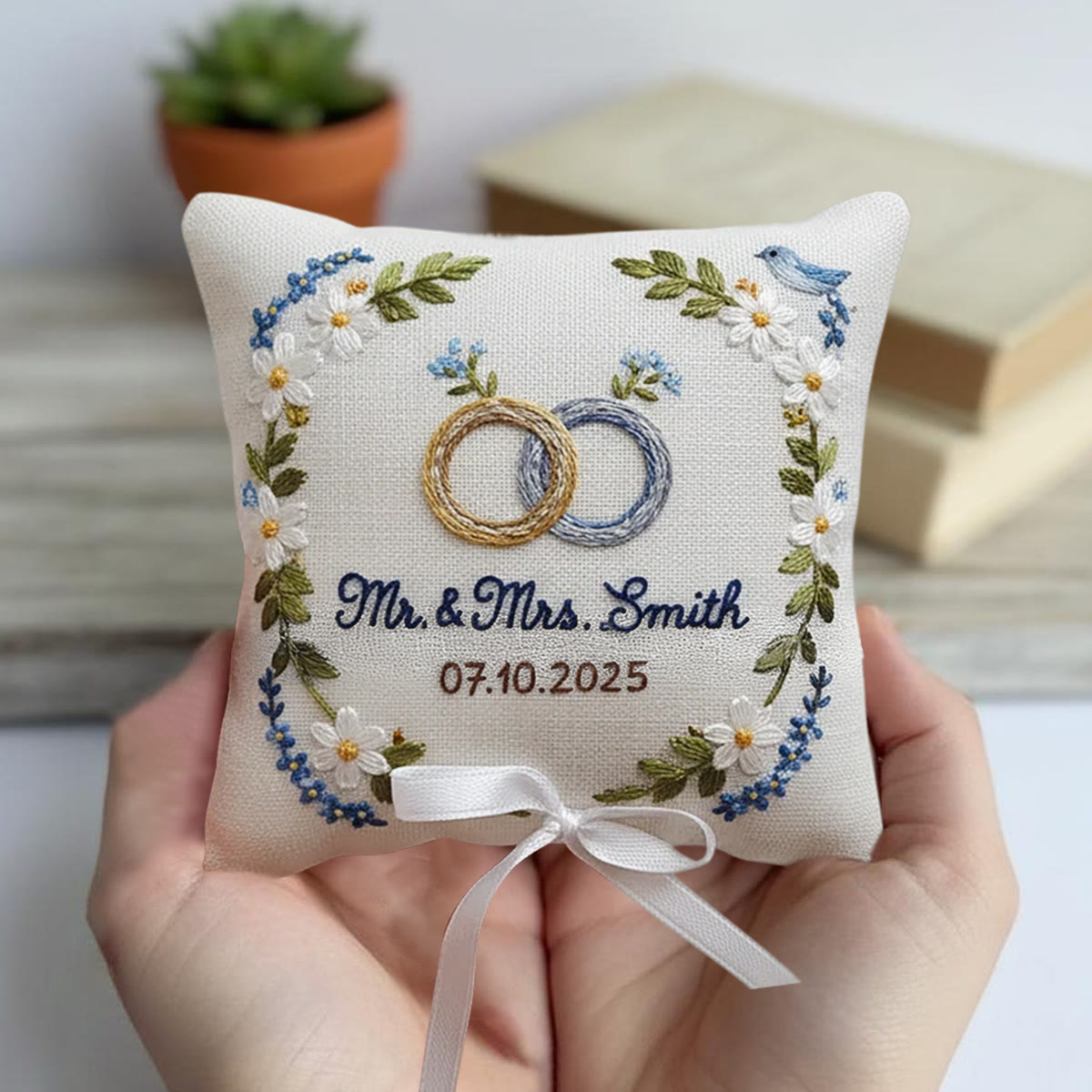 Rubbyoo Personalized Ring Bearer Pillow Embroidery Kit - White Daisy And Blue Flower Wreath | Beginner Diy | Weddings Anniversaries - image 10
