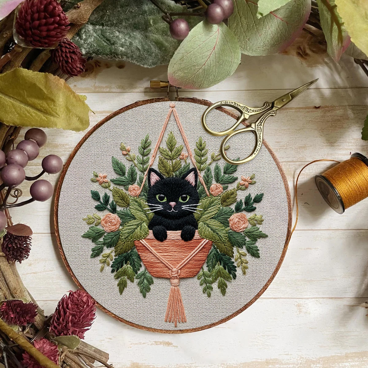 Rubbyoo Embroidery Kit - Black Cat In Hanging Planter | Therapeutic Craft | Whimsical Gift Idea - image 7