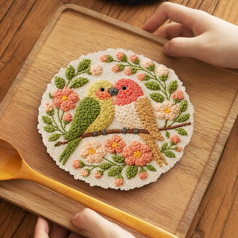 Pastel Love Birds Punch Needle Kit – Top Gifting Selection | Exquisite Handcraft Piece - 5 inch Coaster Kit - image 4