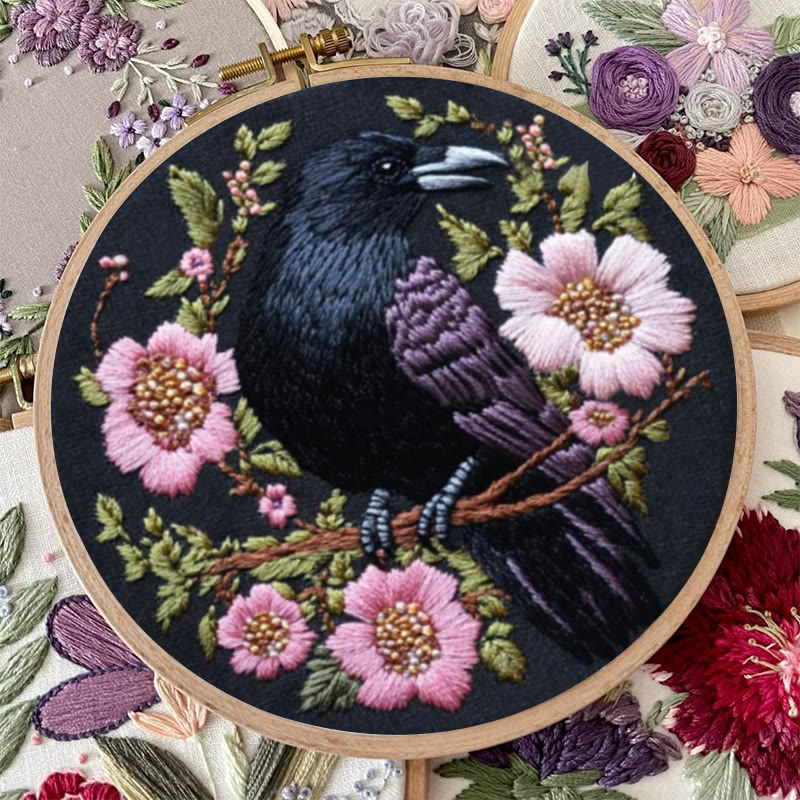 Rubbyoo Embroidery Kit - Gothic Raven With Pink Flowers | Handmake Needle Crafts  - image 8