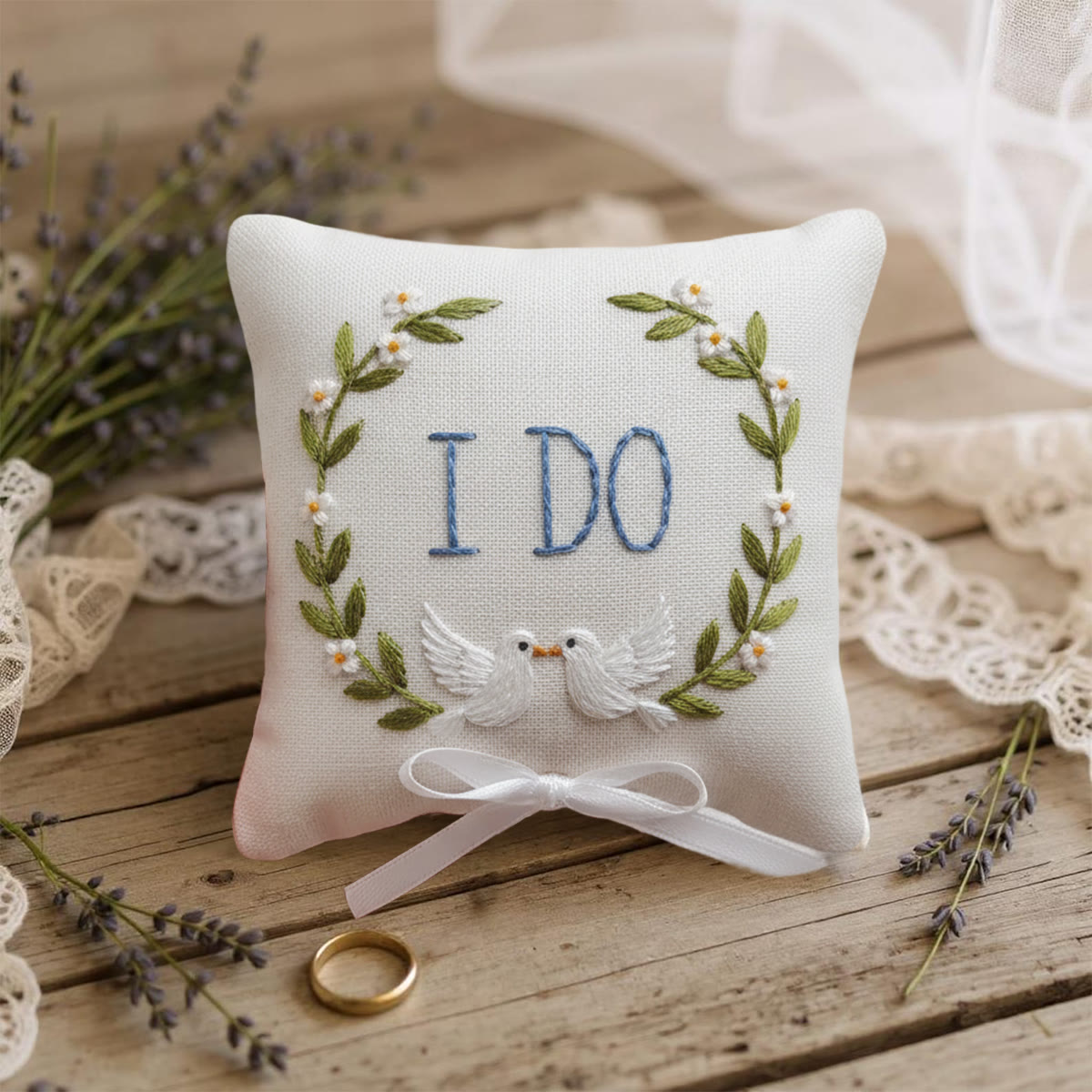Rubbyoo Personalized Ring Bearer Pillow Embroidery Kit - I Do White Doves Wreath | Personal Handmade Gift  | Proposal Gifts - image 11
