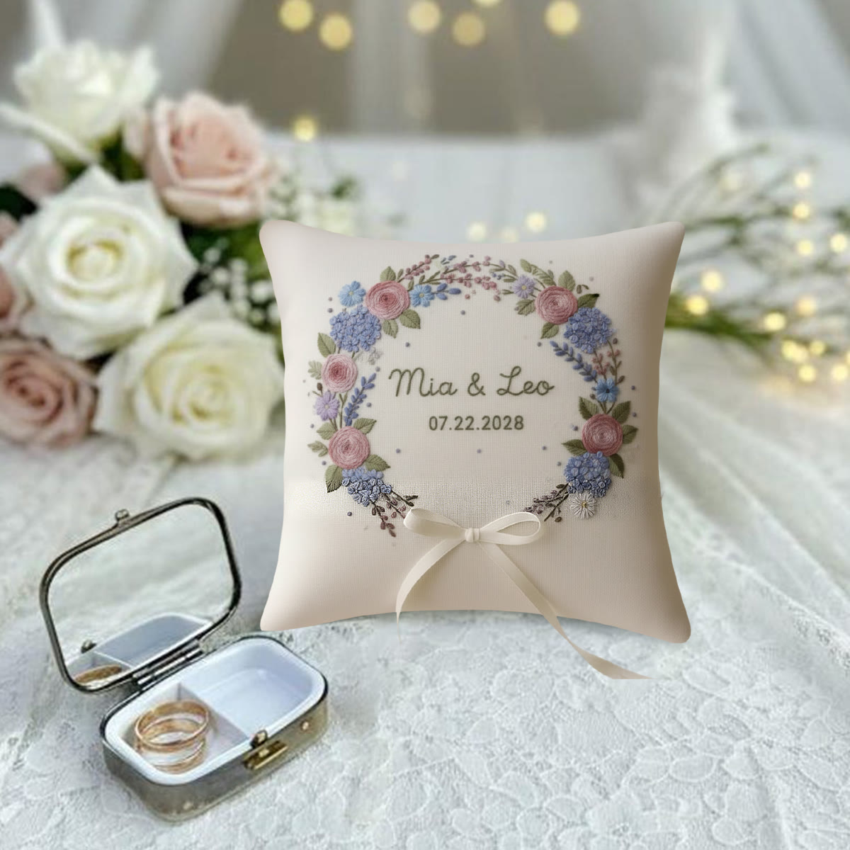 Rubbyoo Personalized Ring Bearer Pillow Embroidery Kit - Pink Rose Hydrangea Floral Wreath | Bespoke Handmade Work | Wedding Table Accents - image 5