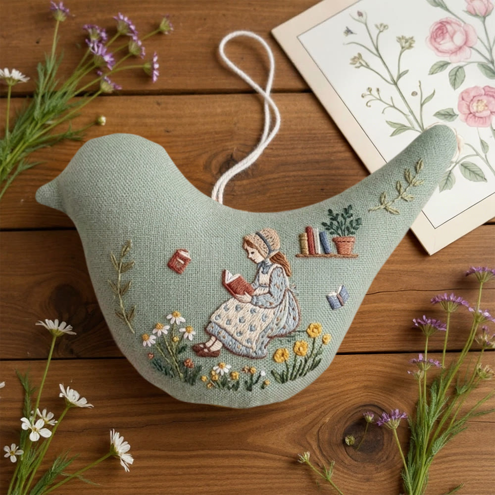 Rubbyoo Bird-shaped Embroidery Kit - Floral And Reading Girl | Slow Living Aesthetic | Bookish Hanging Decor - image 2