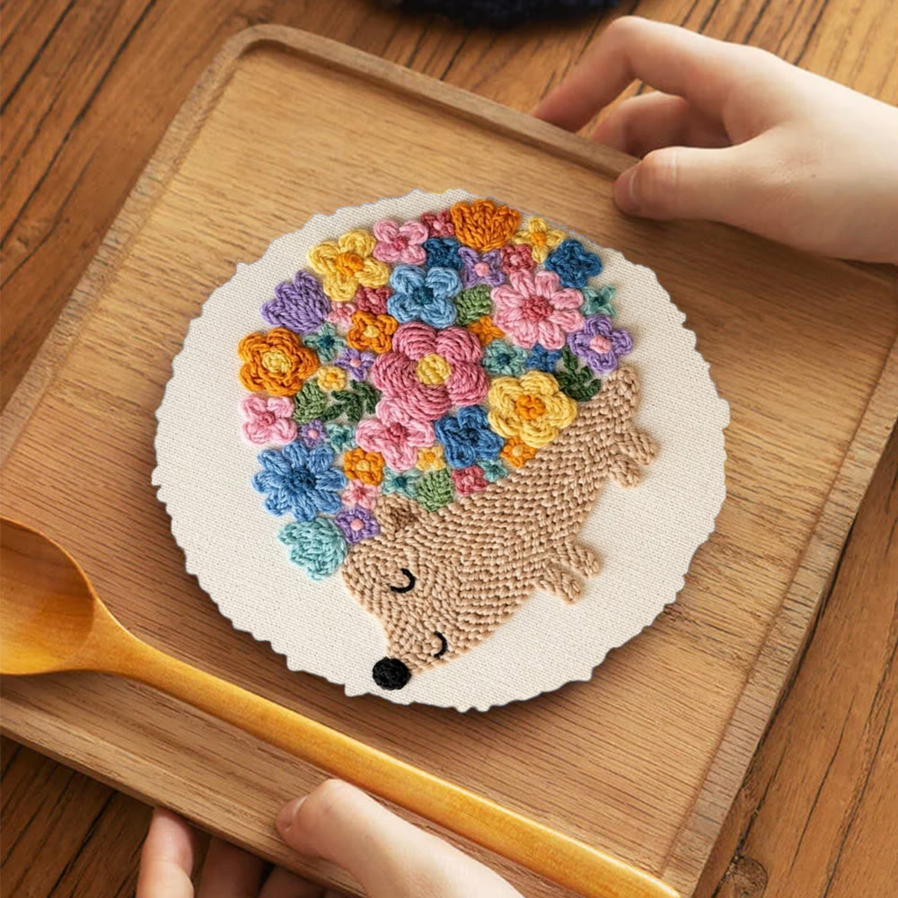 Cute Hedgehog With Flowers Punch Needle Kit - Home Decor | Unique Handmade Present - image 4