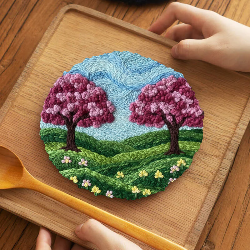 Spring Cherry Blossom Twin Trees Punch Needle Kit – Fresh Spring Decor Hanger | Newbie-friendly Diy Craft - 5 inch Coaster Kit - image 4