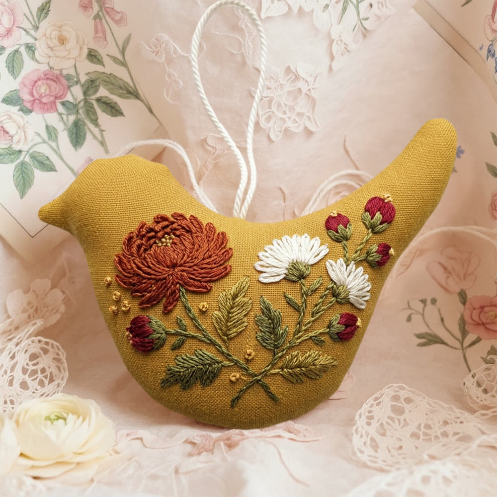 Rubbyoo Bird-shaped Embroidery Kit - Vintage Wildflower | Modern Animal Embroidery | Sewing Handmade Craft  - 6 inches hoop kit - image 1