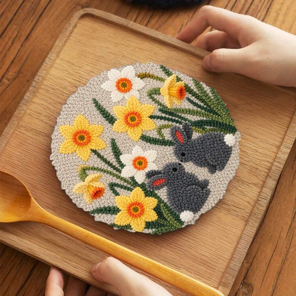 Daffodil And Rabbit Punch Needle Kit - Floral Hand Embroidery Hoop Art | Diy Nursery Decor - 5 inch Coaster Kit - image 11