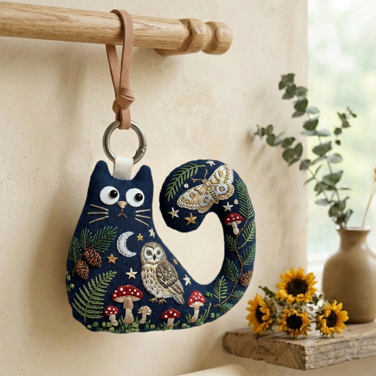 Rubbyoo Cat Embroidery Kit - Luna Moth And Owl | Mystical Gift For Her | Celestial Moon Stars Bag Charm - image 4