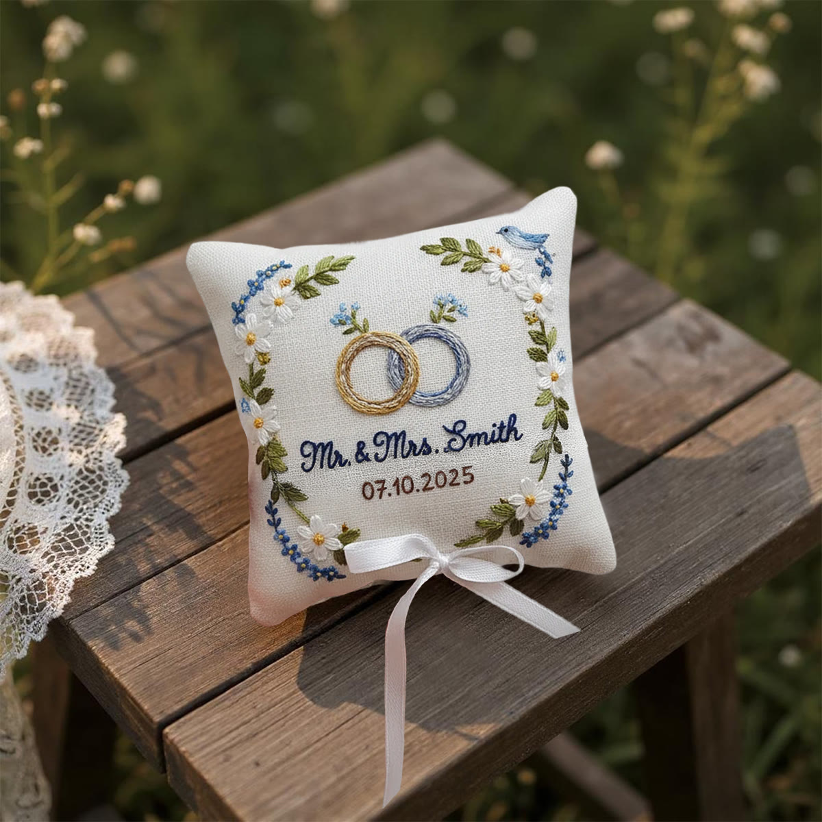Rubbyoo Personalized Ring Bearer Pillow Embroidery Kit - White Daisy And Blue Flower Wreath | Beginner Diy | Weddings Anniversaries - image 11