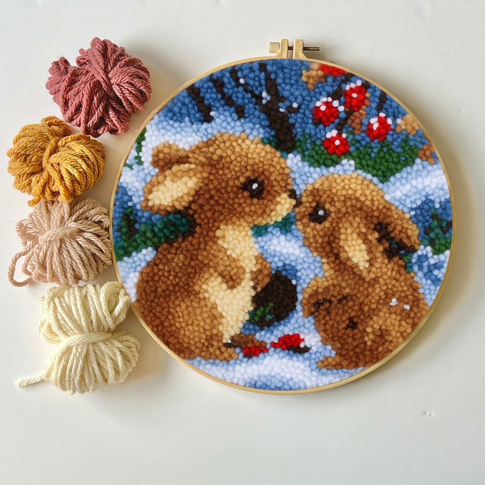 Winter Bunny Pair Punch Needle Kit - Artisan-made Craft | Winter Hanging For Home Decor - image 3