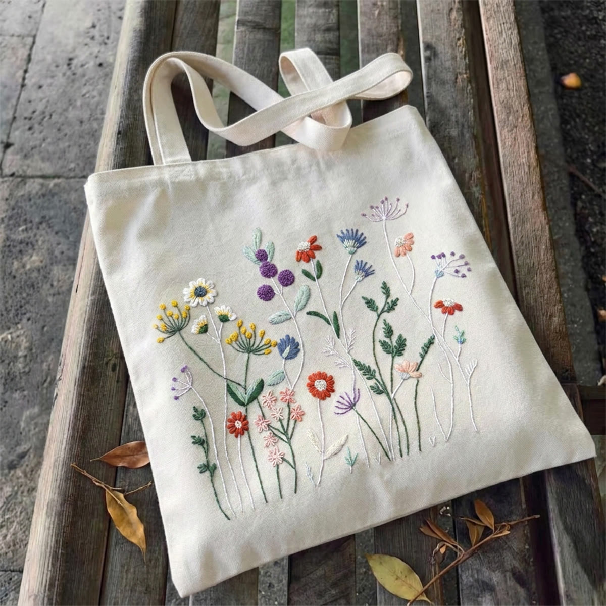 Rubbyoo Embroidery Tote Bag Kit - Aesthetic Wildflowers | Eco-friendly Market Bag | Perfect Bridesmaids Gift  - 11.8" × 13.8" - White - image 4