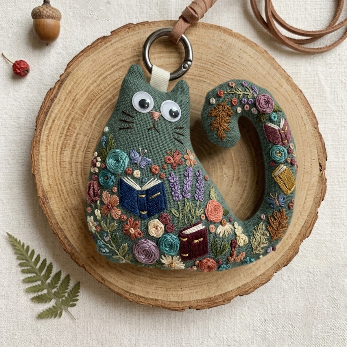 Rubbyoo Cat Embroidery Kit - Woodland Library Theme | Gift For Cat Lovers | Unique Artisan Backpack Charm - image 5