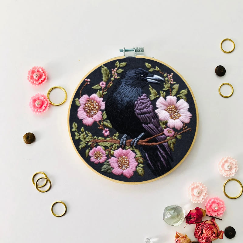 Rubbyoo Embroidery Kit - Gothic Raven With Pink Flowers | Handmake Needle Crafts  - image 4
