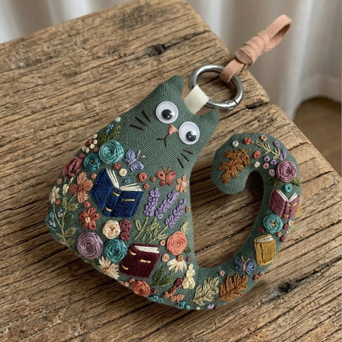 Rubbyoo Cat Embroidery Kit - Woodland Library Theme | Gift For Cat Lovers | Unique Artisan Backpack Charm - image 8