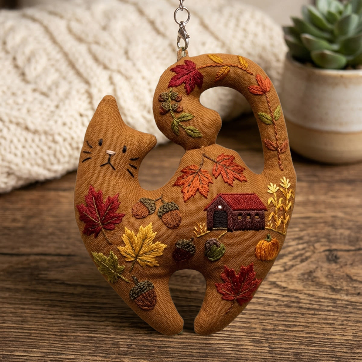 Rubbyoo Kitty Embroidery Kit - Autumn Maple | Cozy Earth Brown Ornament | Funny DIY Handicraft - image 6