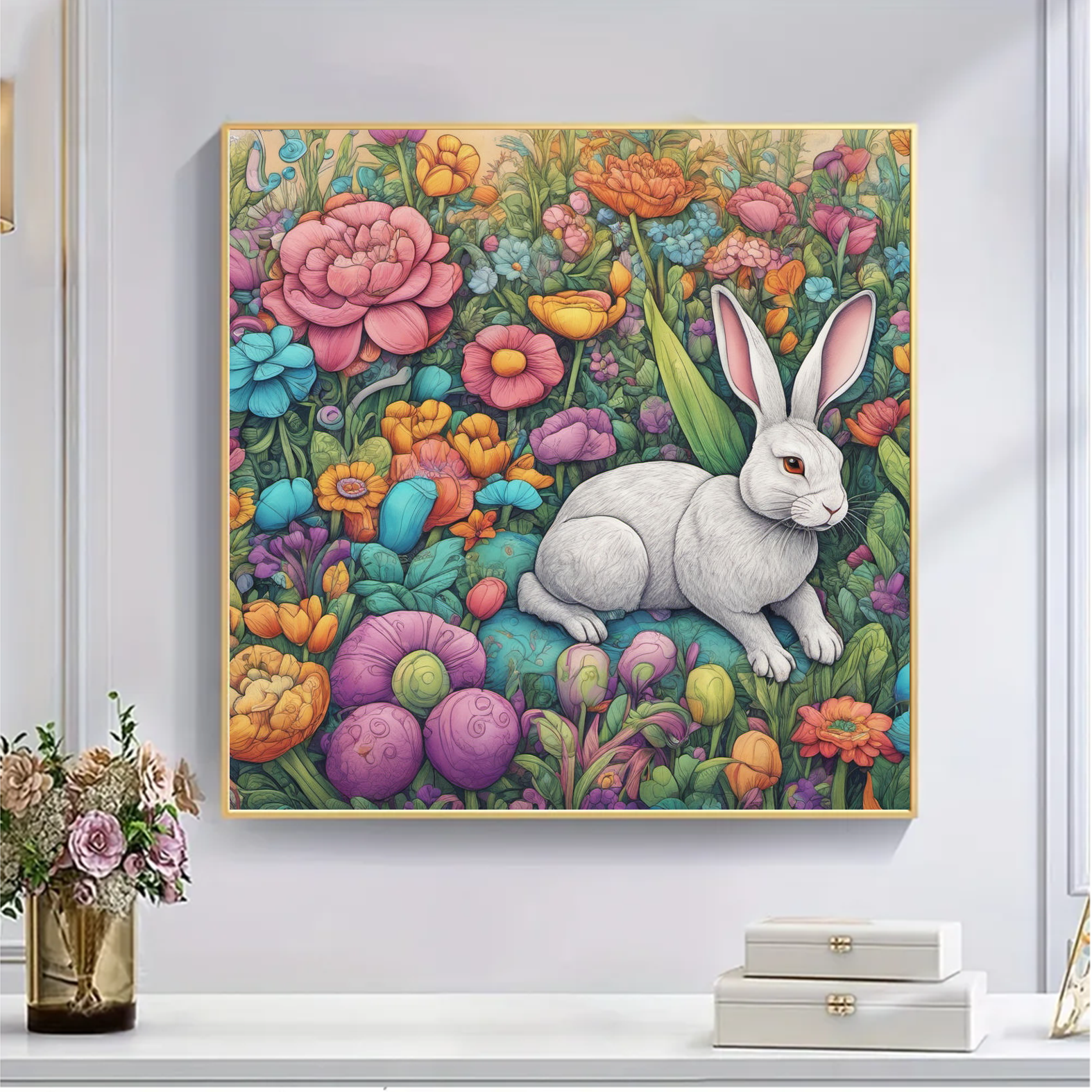 Rabbit Resting Among Lush Flowers - Wooden Jigsaw Puzzle