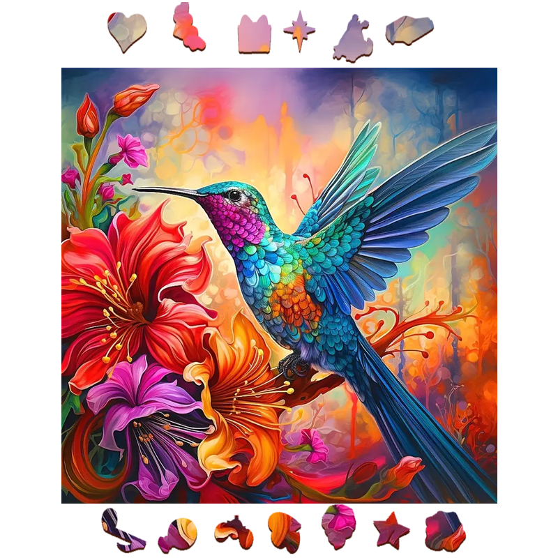 Hummingbird On Flowers - Wooden Jigsaw Puzzle
