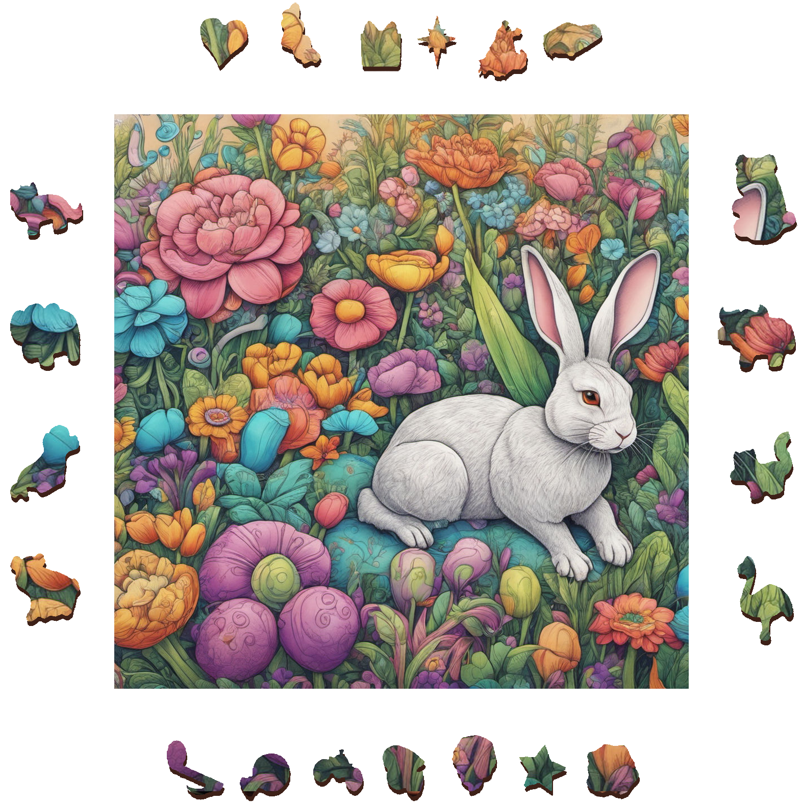 Rabbit Resting Among Lush Flowers - Wooden Jigsaw Puzzle