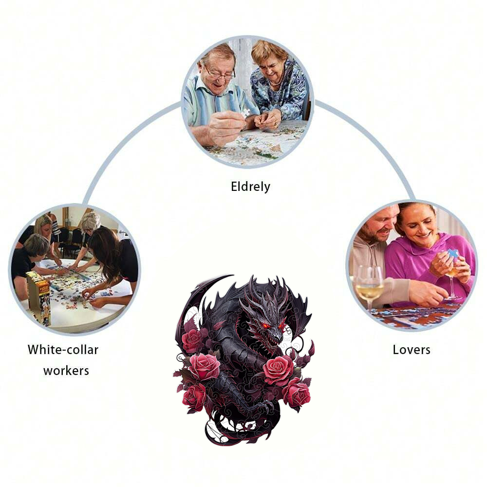 Black Dragon And Roses - Wooden Jigsaw Puzzle