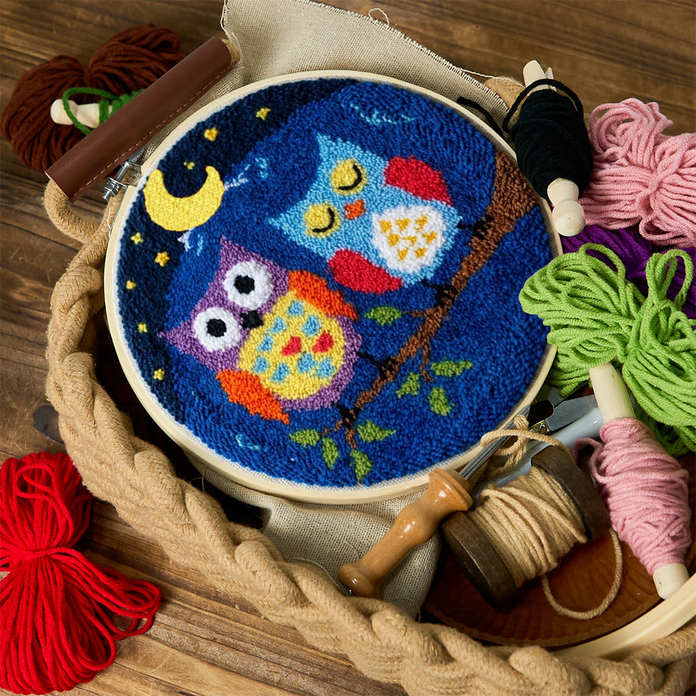 Owl In Night Punch Needle Kit - Handmade Yarn Hoop | Uniqe Home Accent - image 2