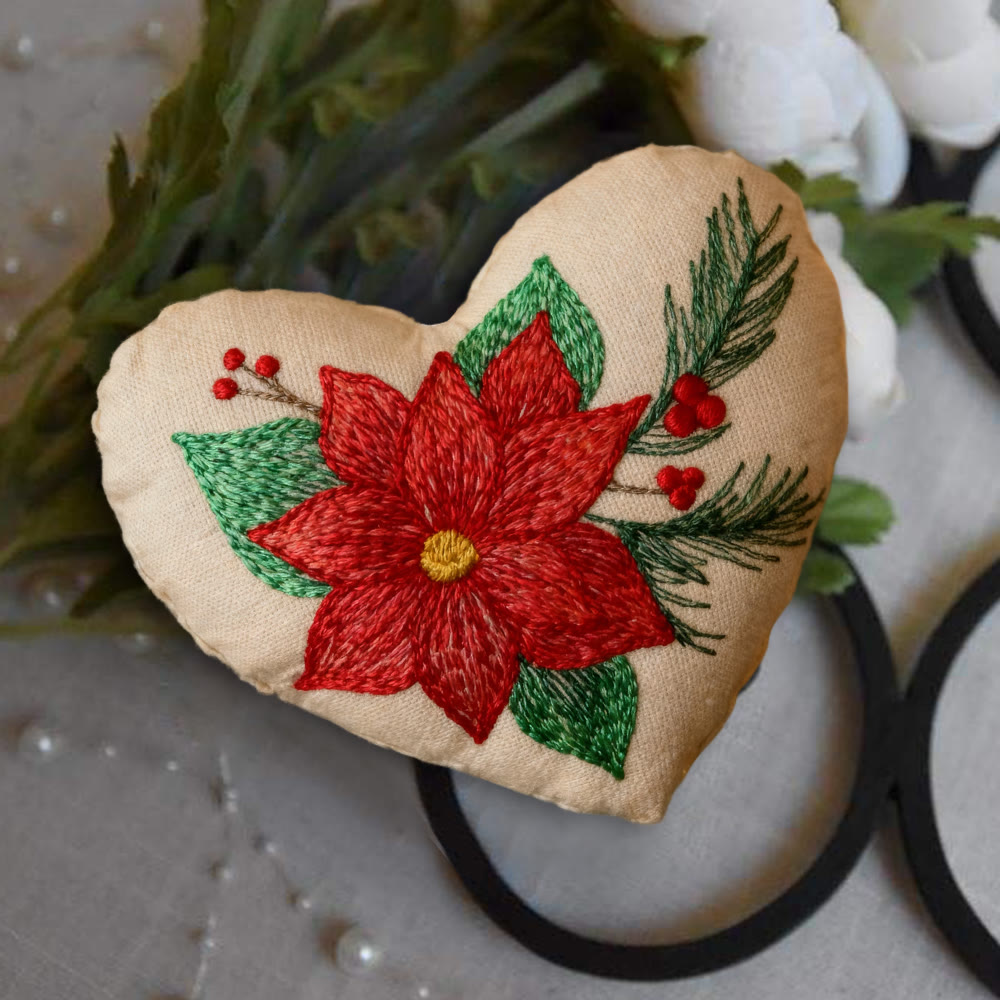 Rubbyoo Heart Embroidery Kit - Winter Poinsettia | Christmas Floral Ornament | Handmade Hoop Art  - image 4