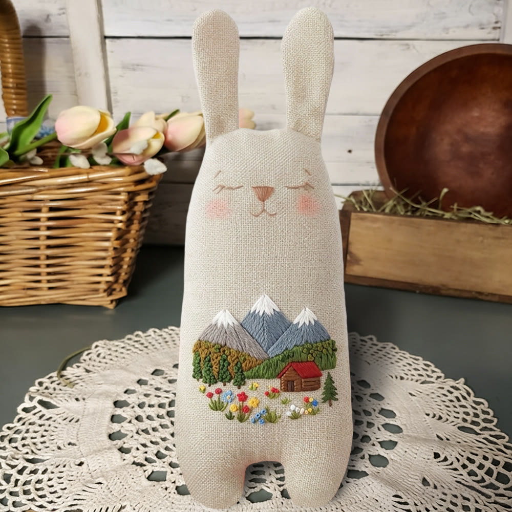 Rubbyoo Bunny Toy Embroidery Kit - Mountain Cabin And Wildflower | Quick Craft | Scenic Home Accent - image 4