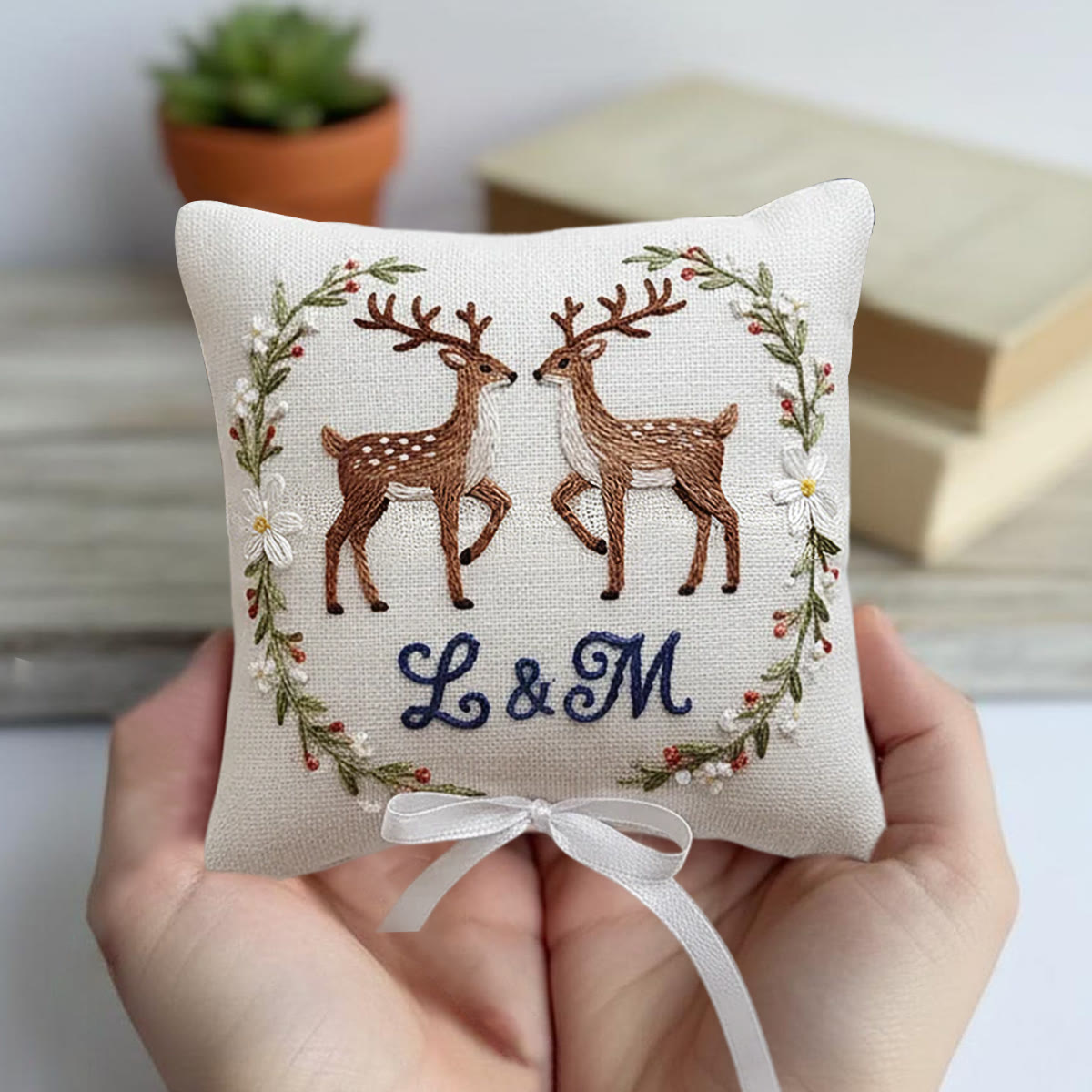 Rubbyoo Personalized Ring Bearer Pillow Embroidery Kit - Twin Deer Monogram Floral Wreath | Adorable Decor Item | Cozy Living Space Accents - image 10