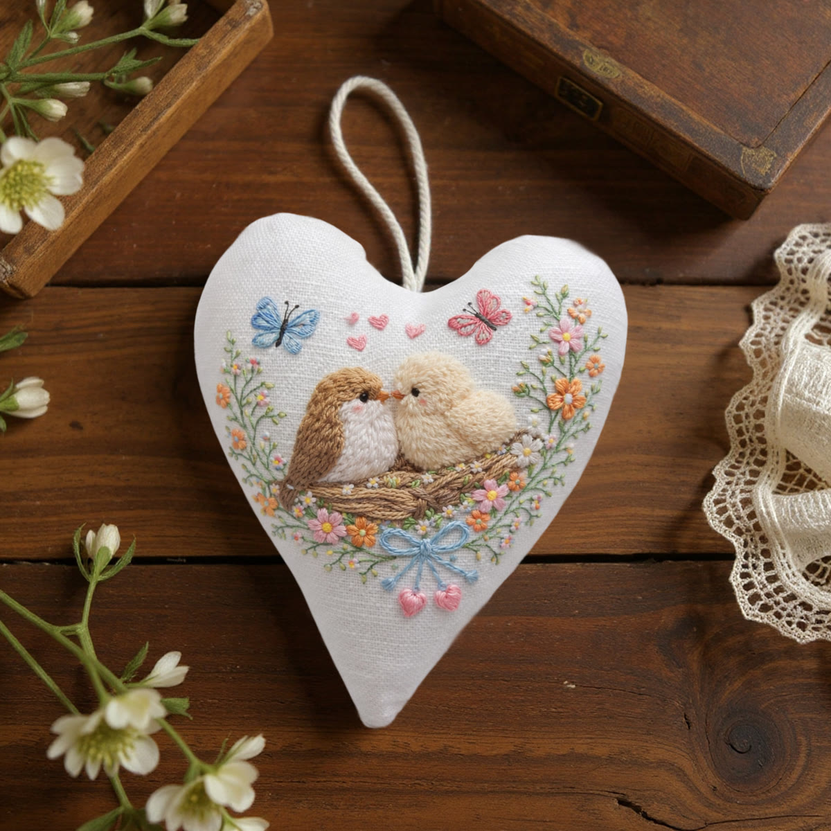 Rubbyoo Heart Embroidery Kit - Nest Birds Butterflies Floral | Elegant Decorative Pendant | Beginner-easy Diy Embroidery - image 8