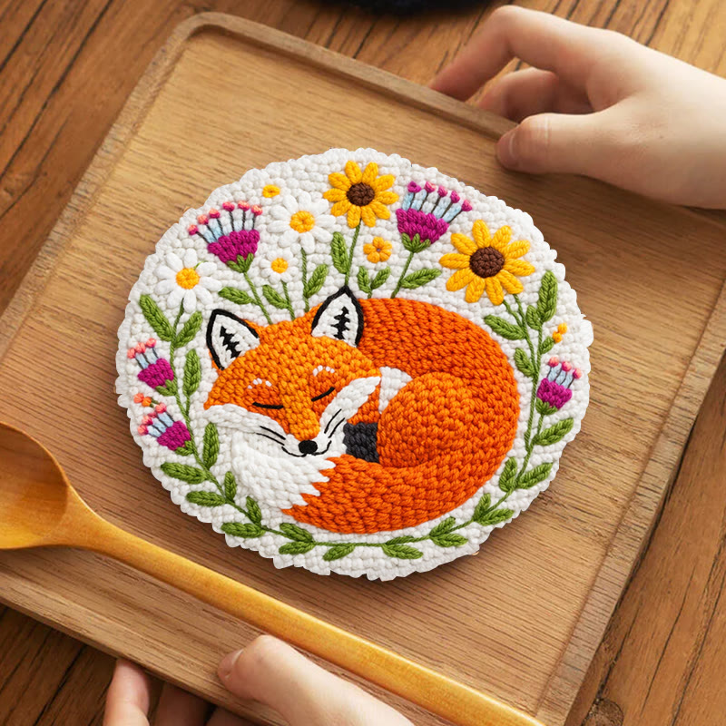 Snuggly Dozing Fox Floral Punch Needle Kit – Leading Gifting Option | Refined Artisanal Handcraft - 5 inch Coaster Kit - image 4