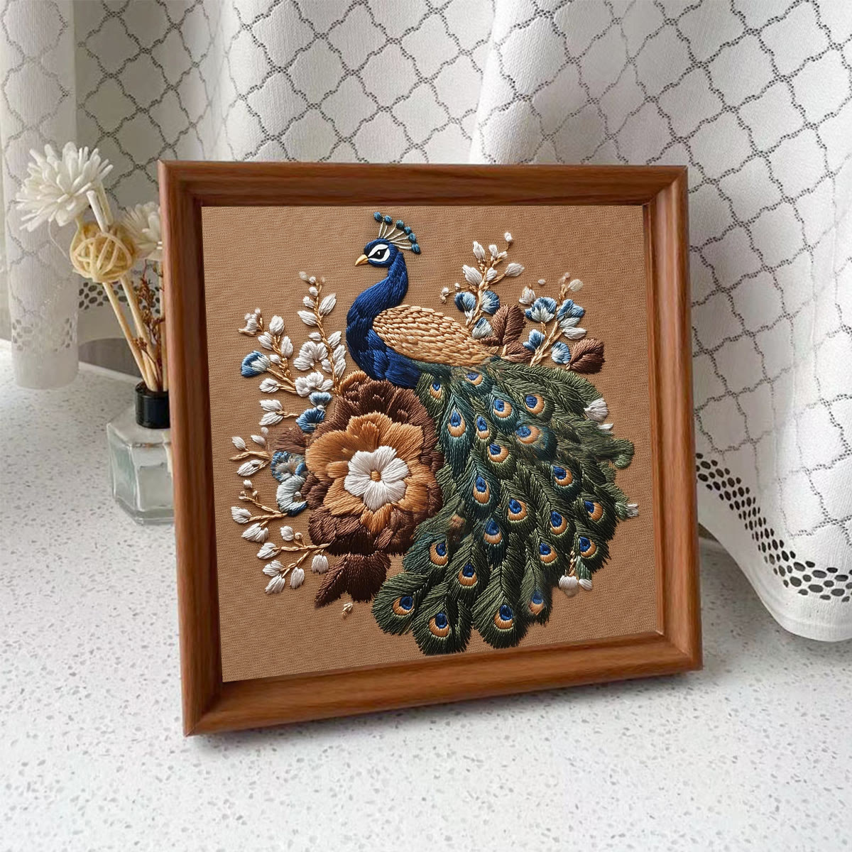 Rubbyoo Embroidery Kit - Peacock And Vintage Floral | Novice Friendly Craft | Elegant Home Addition - Embroidery Kit Plus An Extra Frame - image 4