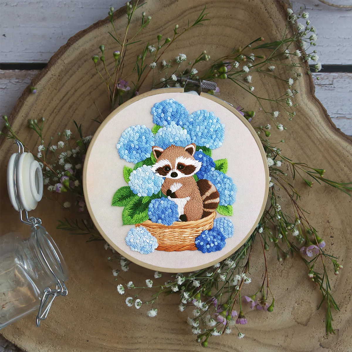 Rubbyoo Embroidery Kit- Cute Raccoon With Blue Flower Diy Craft Kits | For Craft Lover - image 5