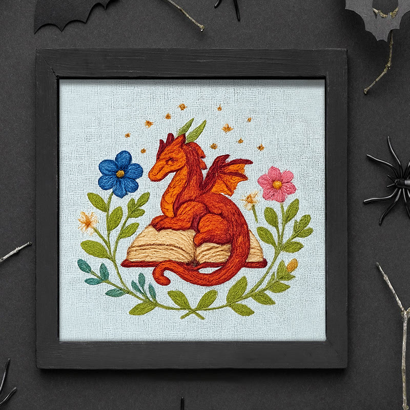 Rubbyoo Embroidery Kit - Red Dragon With Floral Books | Easy Fantasy Handicraft | Nice For Reading Lovers - image 9