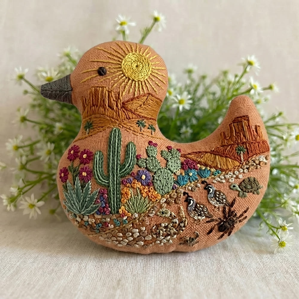 Rubbyoo Duck Embroidery Kit - Desert Scenery Cactus Floral | Landscape Handmade Art | Gift For Her - 6 inches hoop kit - image 1