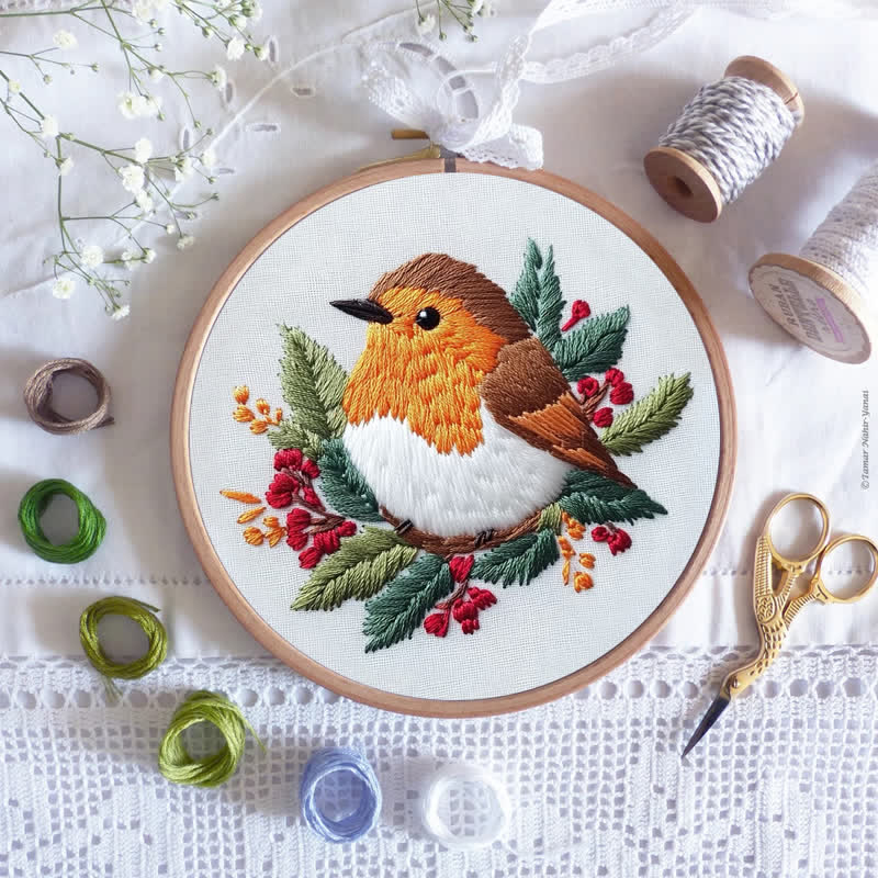Rubbyoo Embroidery Kit - Robin on Holly - image 8