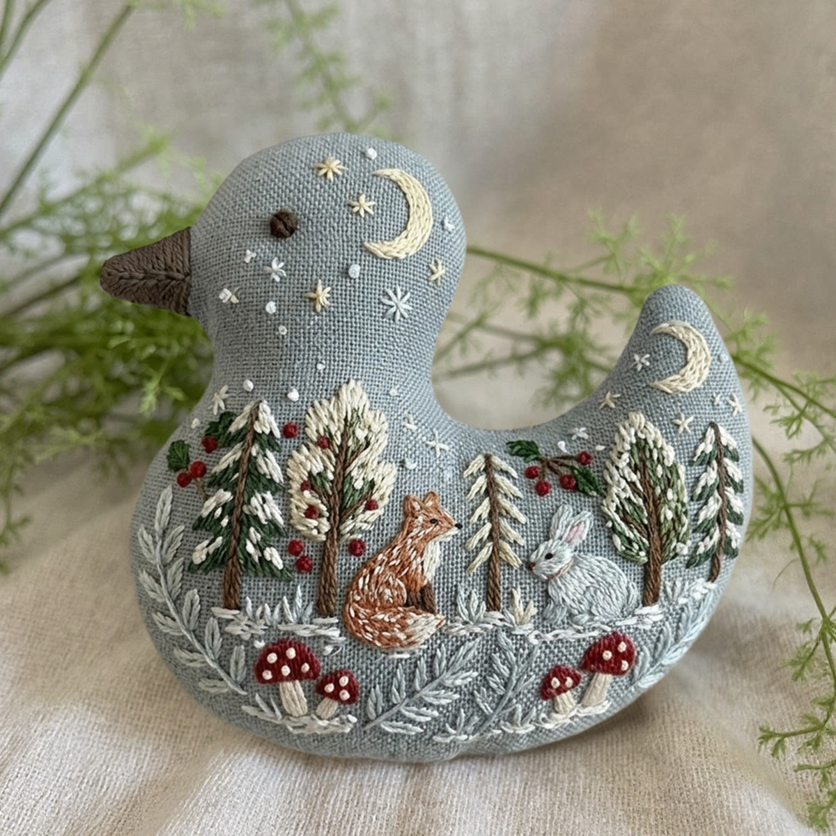 Rubbyoo Duck Embroidery Kit - Fox And Rabbit In Snowy Forest | Whimsical Forest Creature Gift | Unique Moon And Stars Nursery Decor - image 5