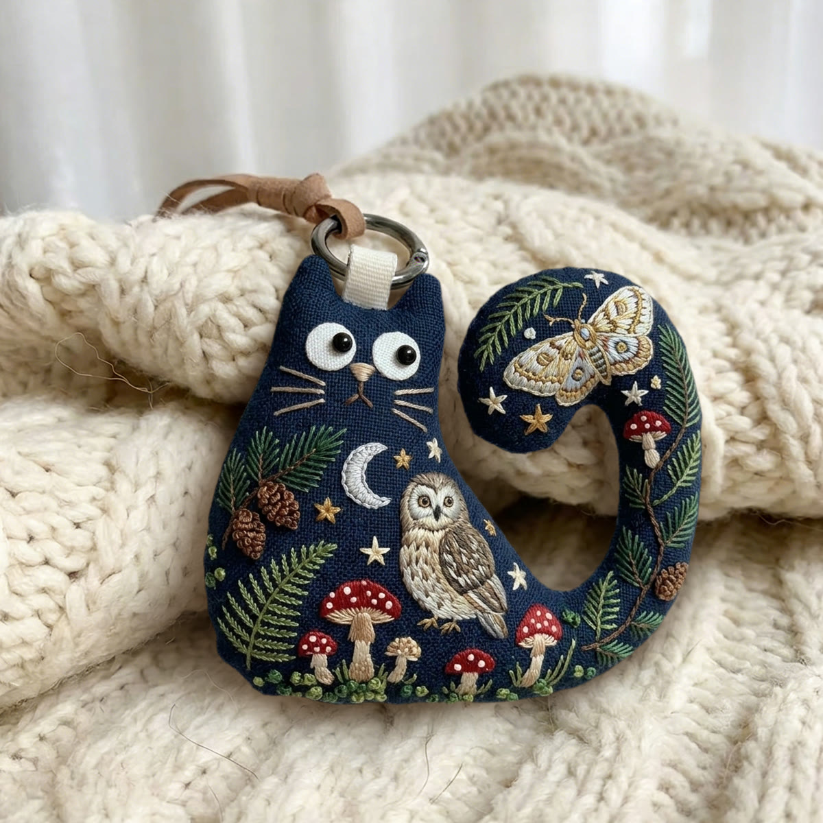 Rubbyoo Cat Embroidery Kit - Luna Moth And Owl | Mystical Gift For Her | Celestial Moon Stars Bag Charm - image 2