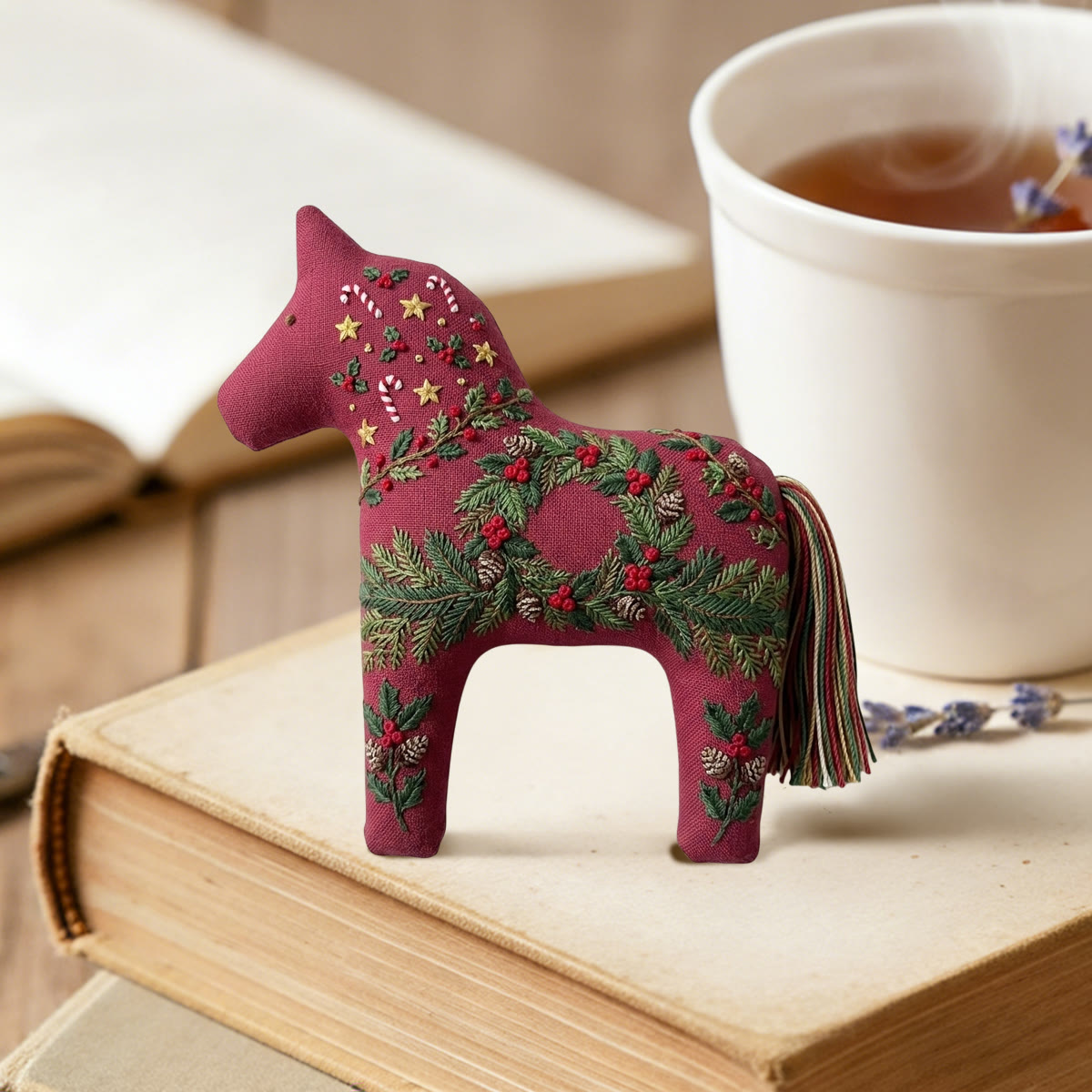 Rubbyoo Dala Horse Embroidery Kit - Vintage Evergreen And Pinecone | Christmas Holly Berry Pattern | Heritage New Year Keepsake - image 4