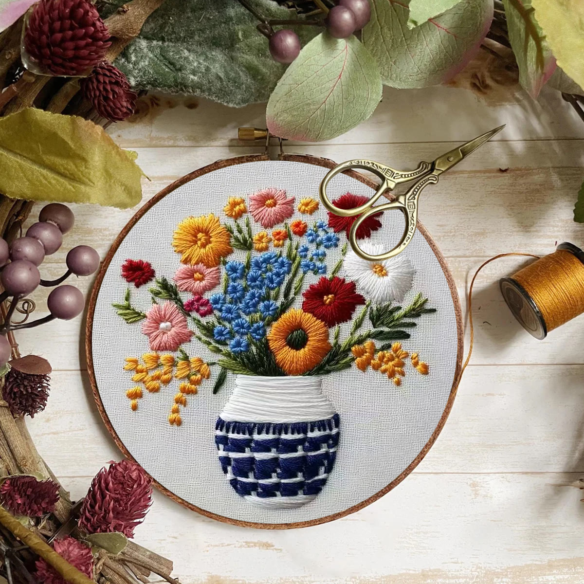 Rubbyoo Embroidery Kit - Checkered Vase Floral Bouquet | Home Hanging Ornament | Novice Decro - image 8