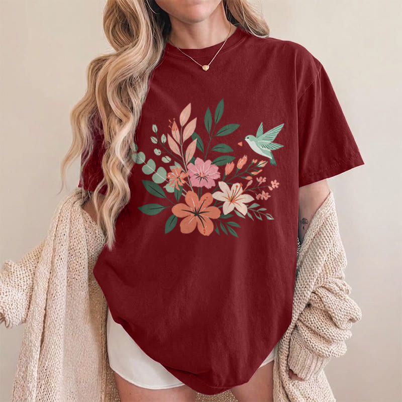 Rubbyoo Wonderful Garden  Graphic Tee  - Artistic  Hummingbird & Flower Pattern  | Summer Lightweight Casual Wear - image 14