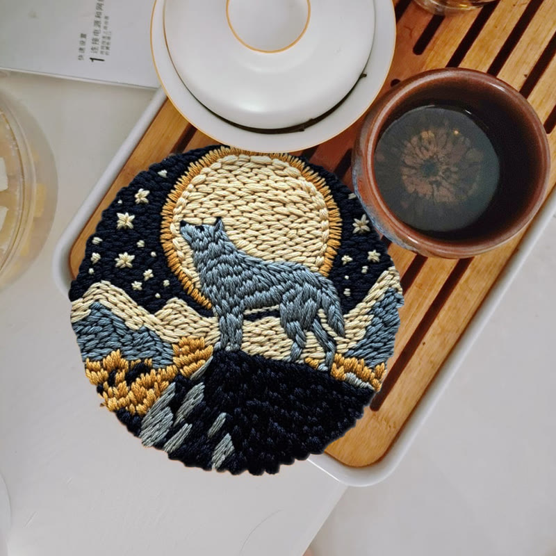 Wolf And Moon Punch Needle Kit - Unique Needle Artwork | Perfect Wall Hanging - 5 inch Coaster Kit - image 4