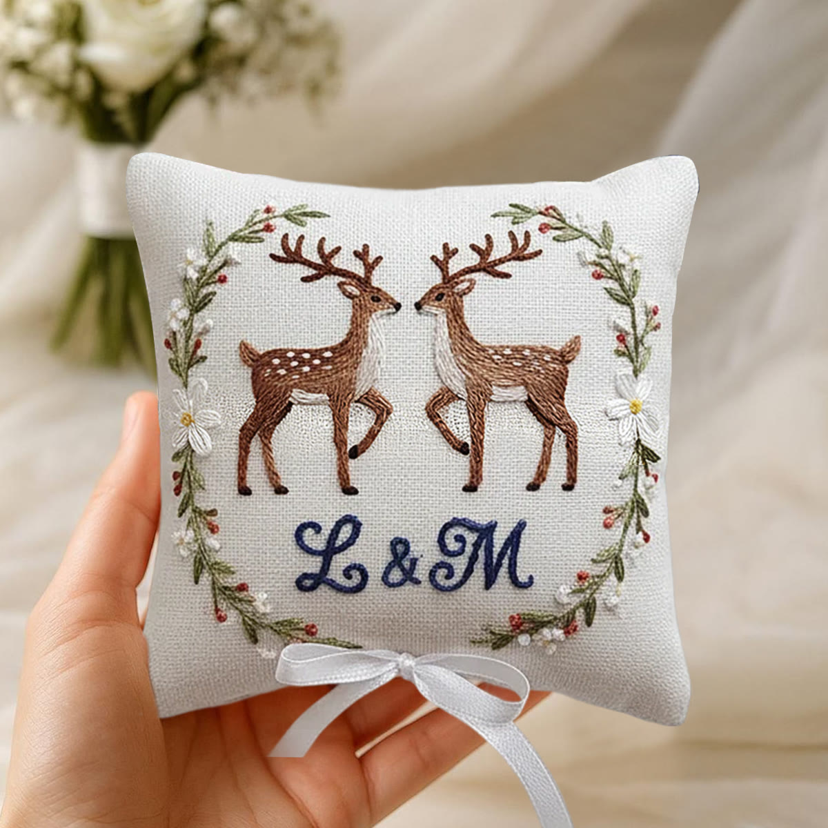 Rubbyoo Personalized Ring Bearer Pillow Embroidery Kit - Twin Deer Monogram Floral Wreath | Adorable Decor Item | Cozy Living Space Accents - image 5