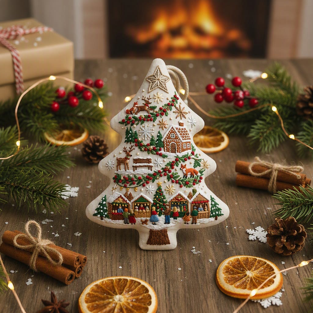 Rubbyoo Tree-shaped Embroidery Kit - Cozy Winter Village | Christmas Handmade Hoop Art Gift | Festive Snowy Scene Decor - image 6