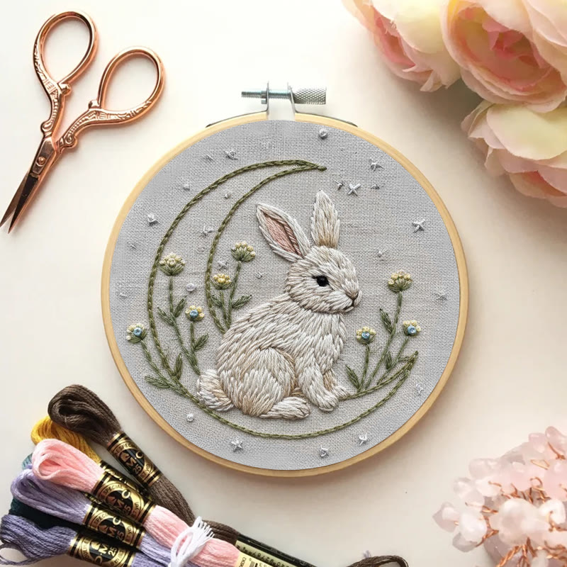 Rubbyoo Embroidery Kit - Moonlit Bunny And Wildflower | Entry-level Craft | Serene Home Vibe - image 3