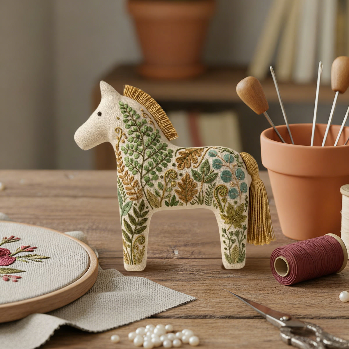 Rubbyoo Dala Horse Embroidery Kit - Botanical Fern Leaf | Cute Gift For Kids | Forest Aesthetic Bag Charm - image 7