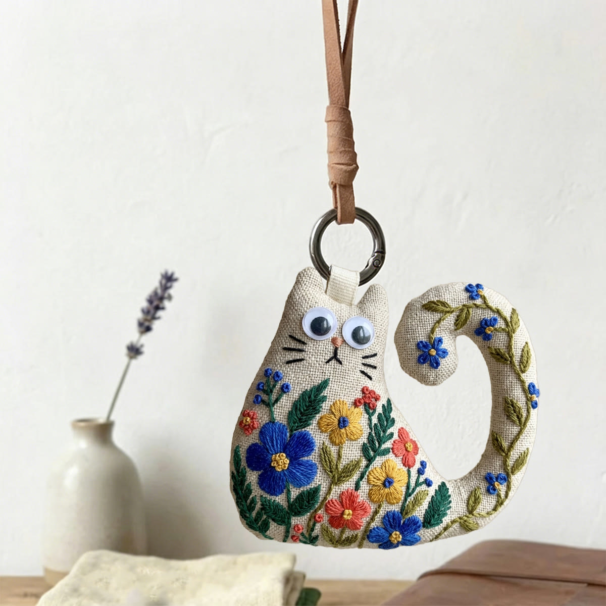 Rubbyoo Cat Embroidery Kit - Colorful Wildflower And Leafy Vine | Handmade Gift For Her | Cottagecore Bag Charm - image 8