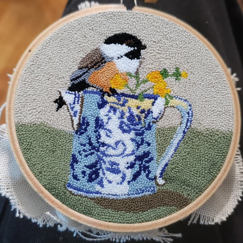  Bird With Teapot Punch Needle Kit - Lovely Bird Handicraft |  Diy Decorative Hoop Art - image 6