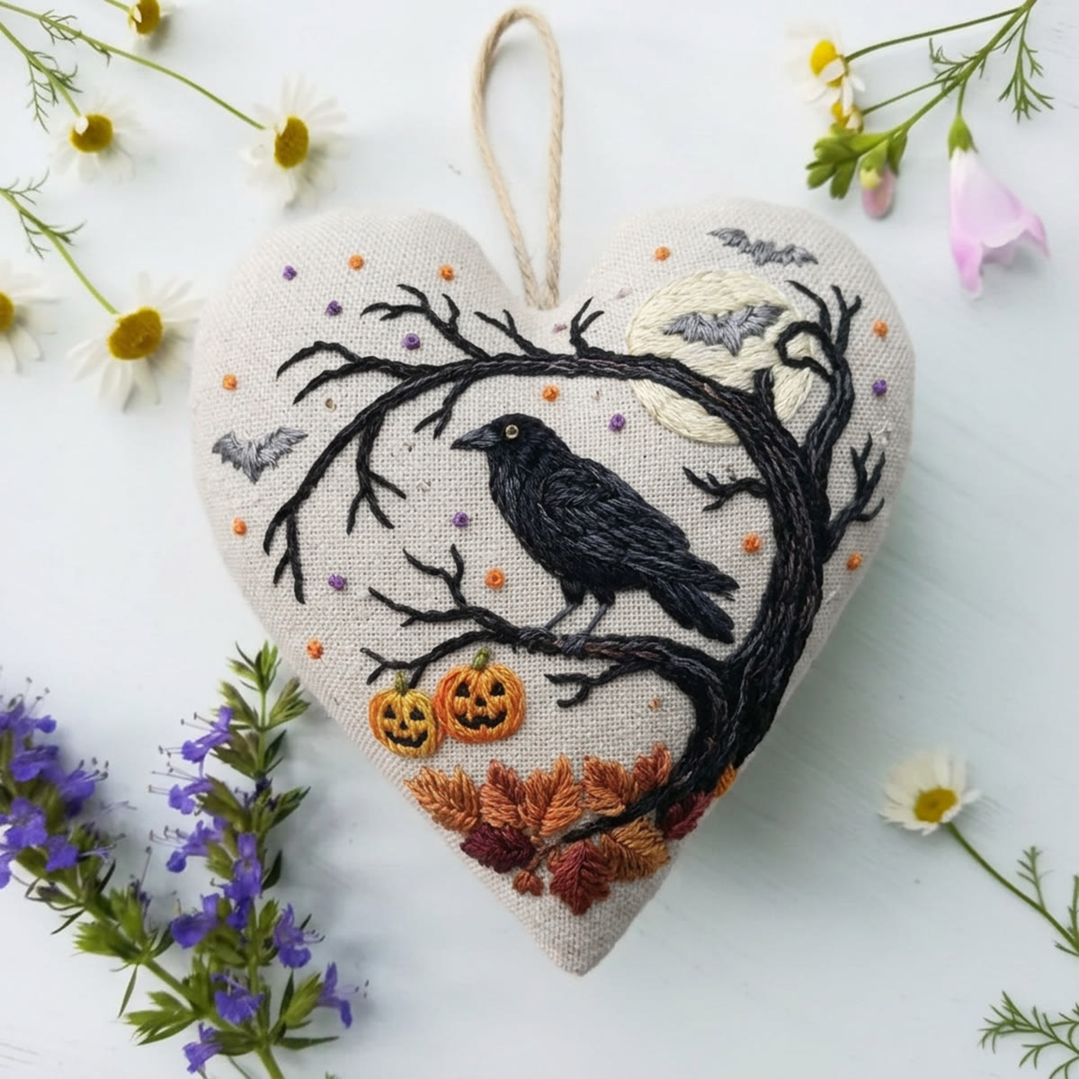 Rubbyoo Heart Embroidery Kit - Halloween Crow | Pretty Heart-Shaped Hanging Art | Whimsical Halloween Present For Friend - image 3