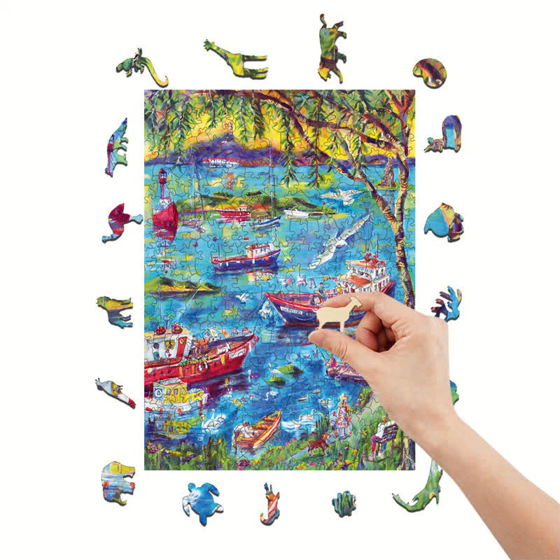 Rubbyoo Boats at Sunset Bay - Wooden Jigsaw Puzzle