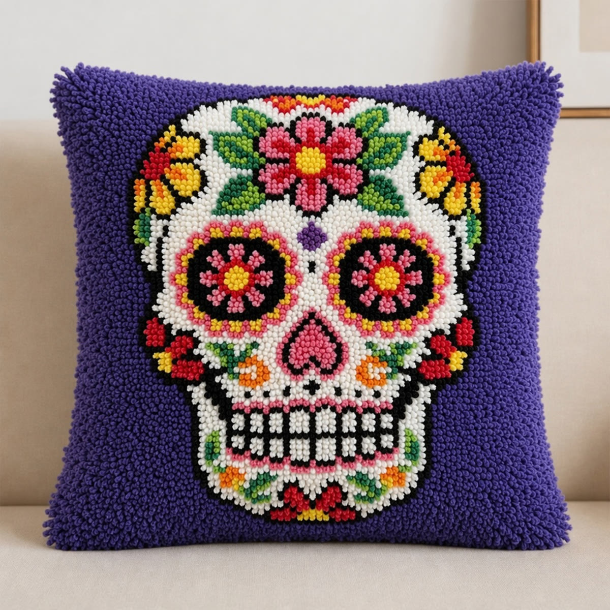 Rubbyoo Latch Hook Pillow Kit - Whimsical Floral Skull | Creative Day Of The Dead Gift | Vibrant Mexican Folk Art - image 6